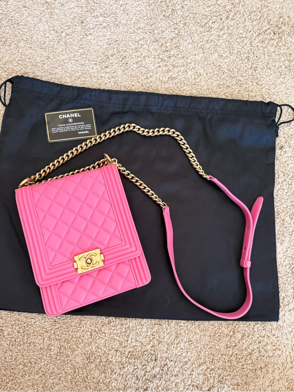 Chanel Pink North South Quilted Le Boy Bag with Gold Chain